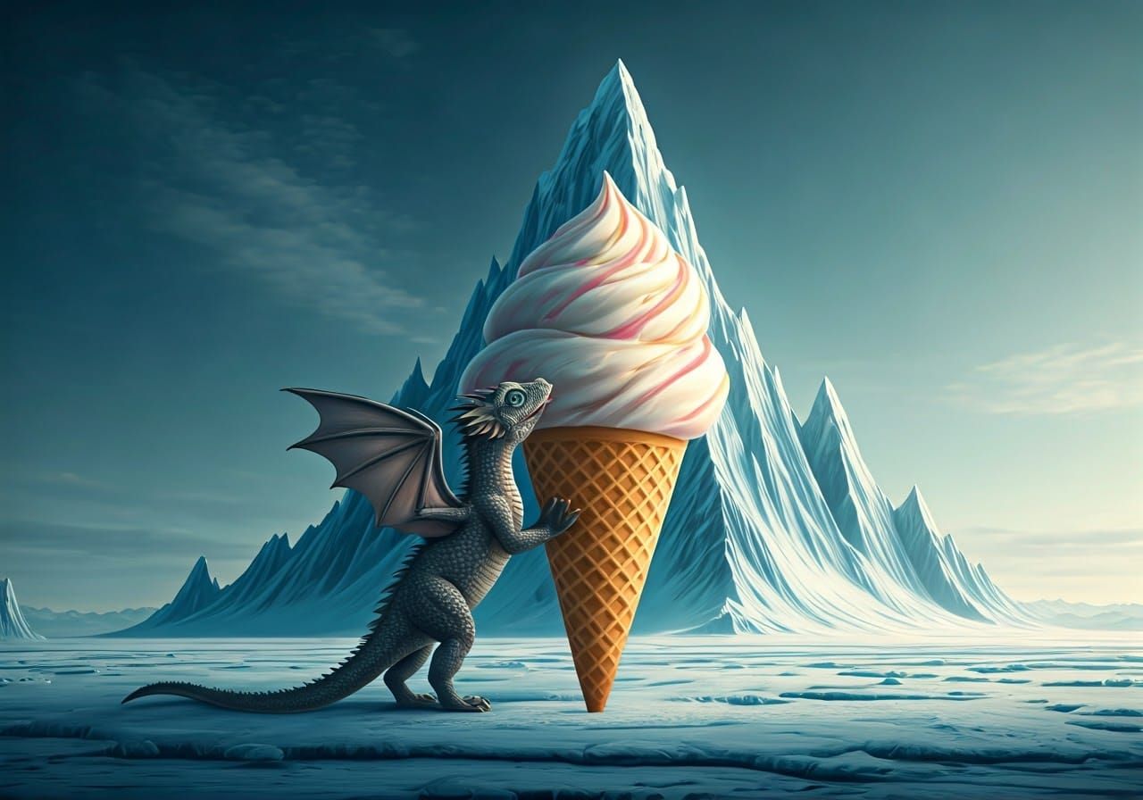 Grey Dragon and Giant Ice Cream in the Arctic