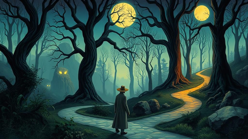 Traveler at Forest Crossroads in Mystical Landscape