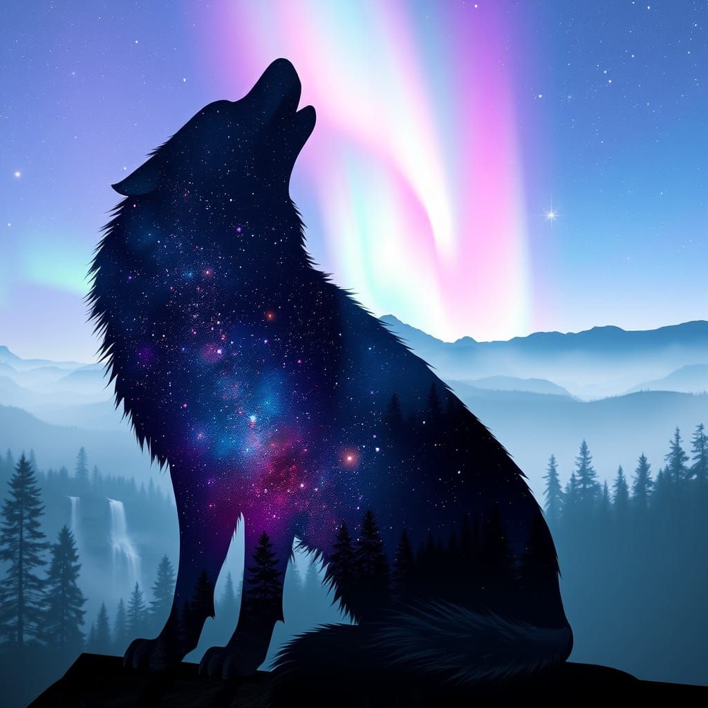 Wolf Howling Silhouette Filled with Stars and Aurora