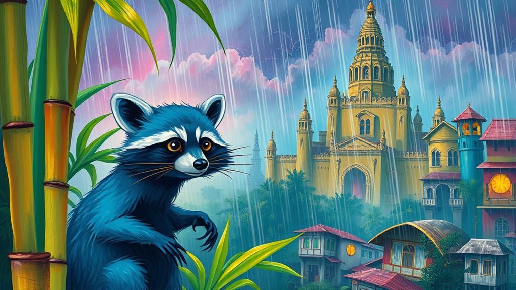 Raccoon in Rangoon Monsoon: Surreal Dreamscape