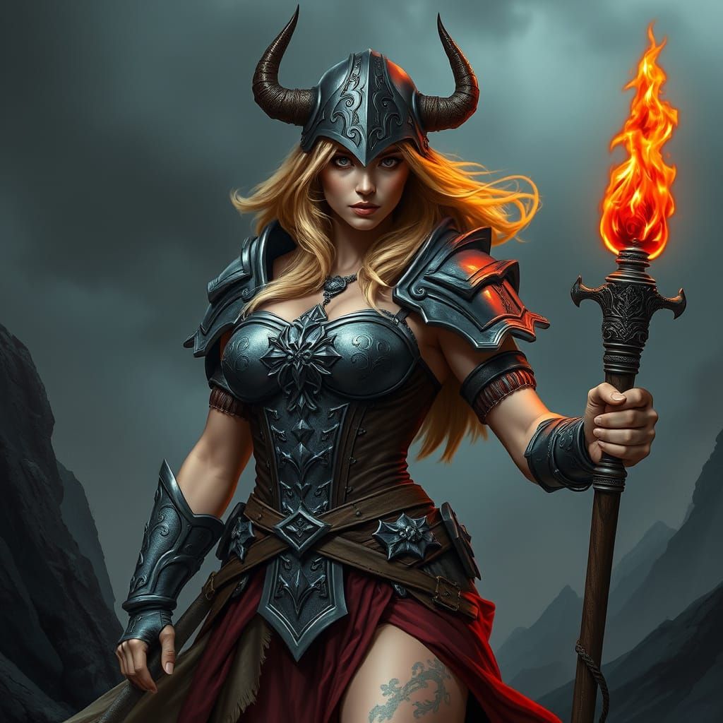 Fantasy Warrior in Armor, Holding a Flaming Staff