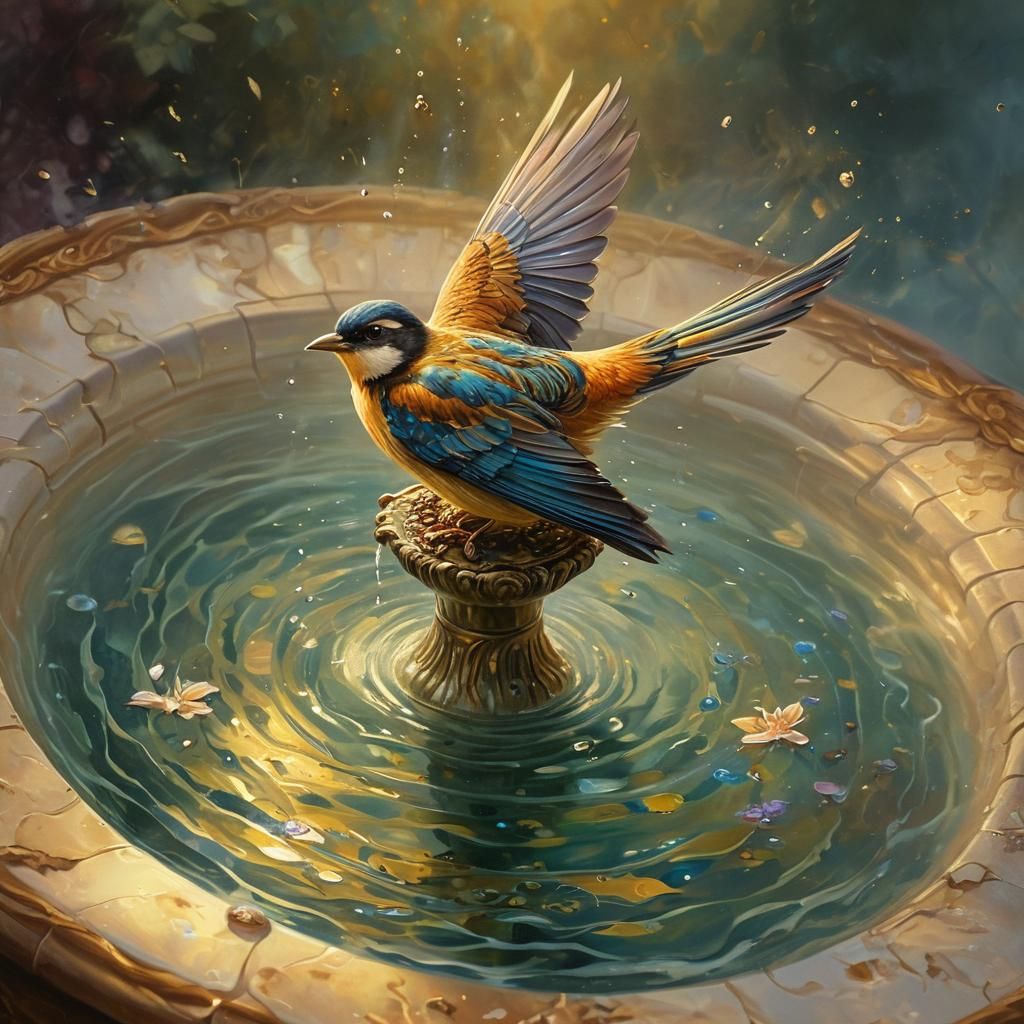 Bird Bath in Ethereal Hyperdetailed Oil Painting