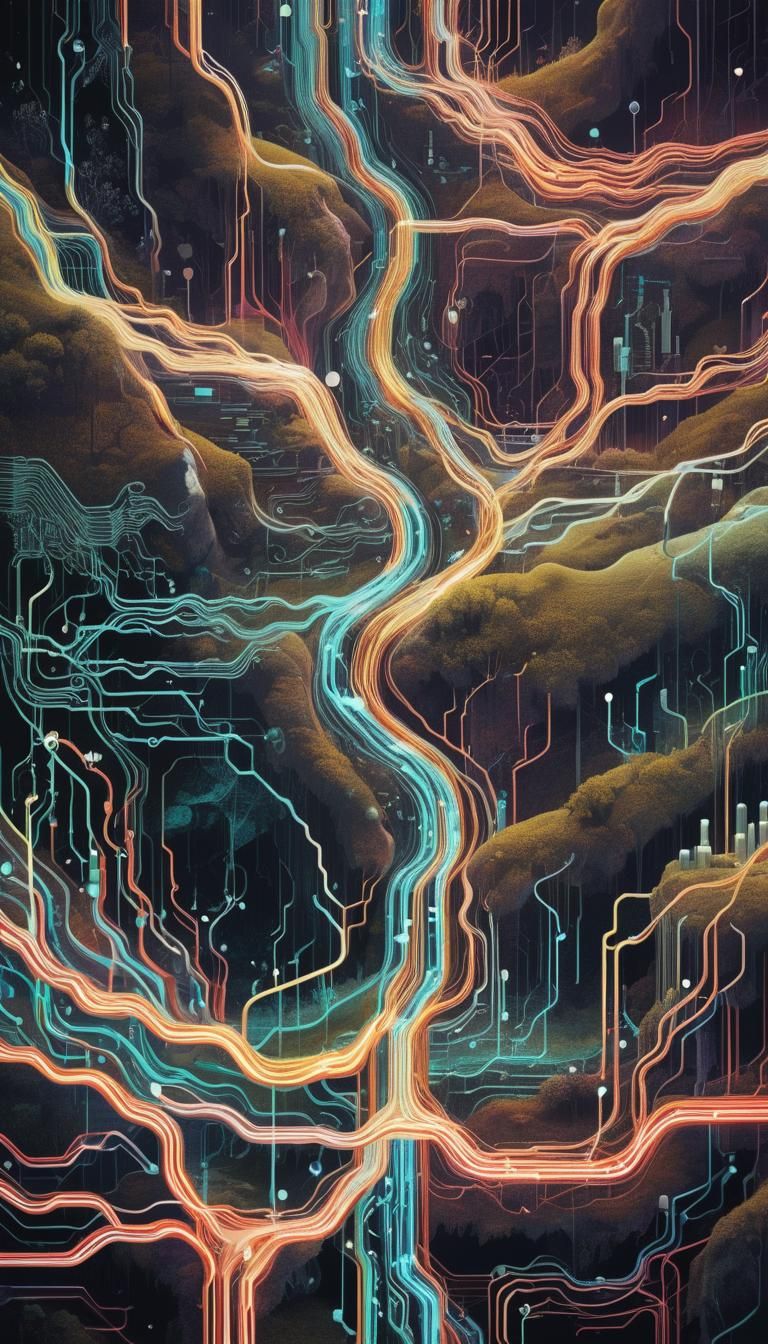 Surreal Data Landscape with Circuitry and Vivid Colors