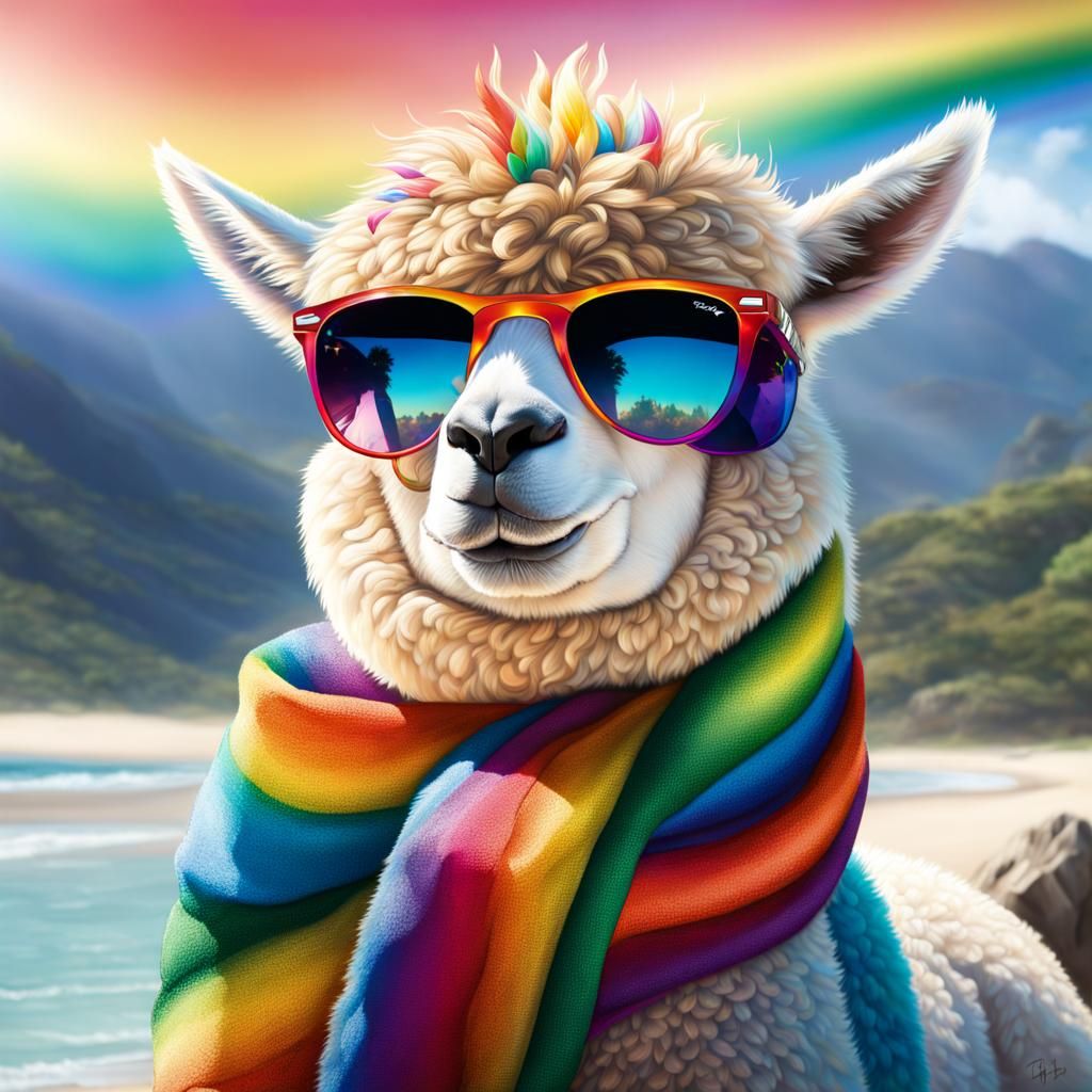 Alpaca Relaxation: A Hyperrealistic Beach Scene