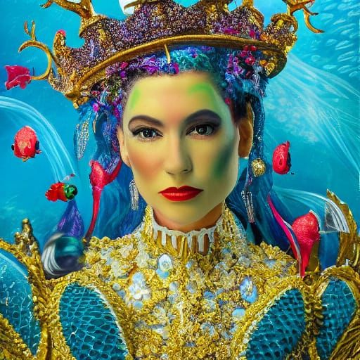 Surrealist Mermaid Queen in Glittering Aqua Splendor