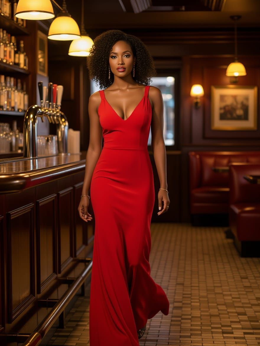 Sultry African American Woman Walks into a Bar in a Red Dres...