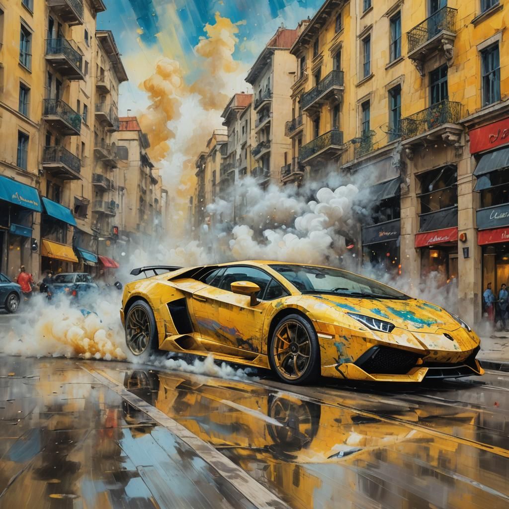 Yellow Lamborghini Speeding, Impasto Acrylic Painting