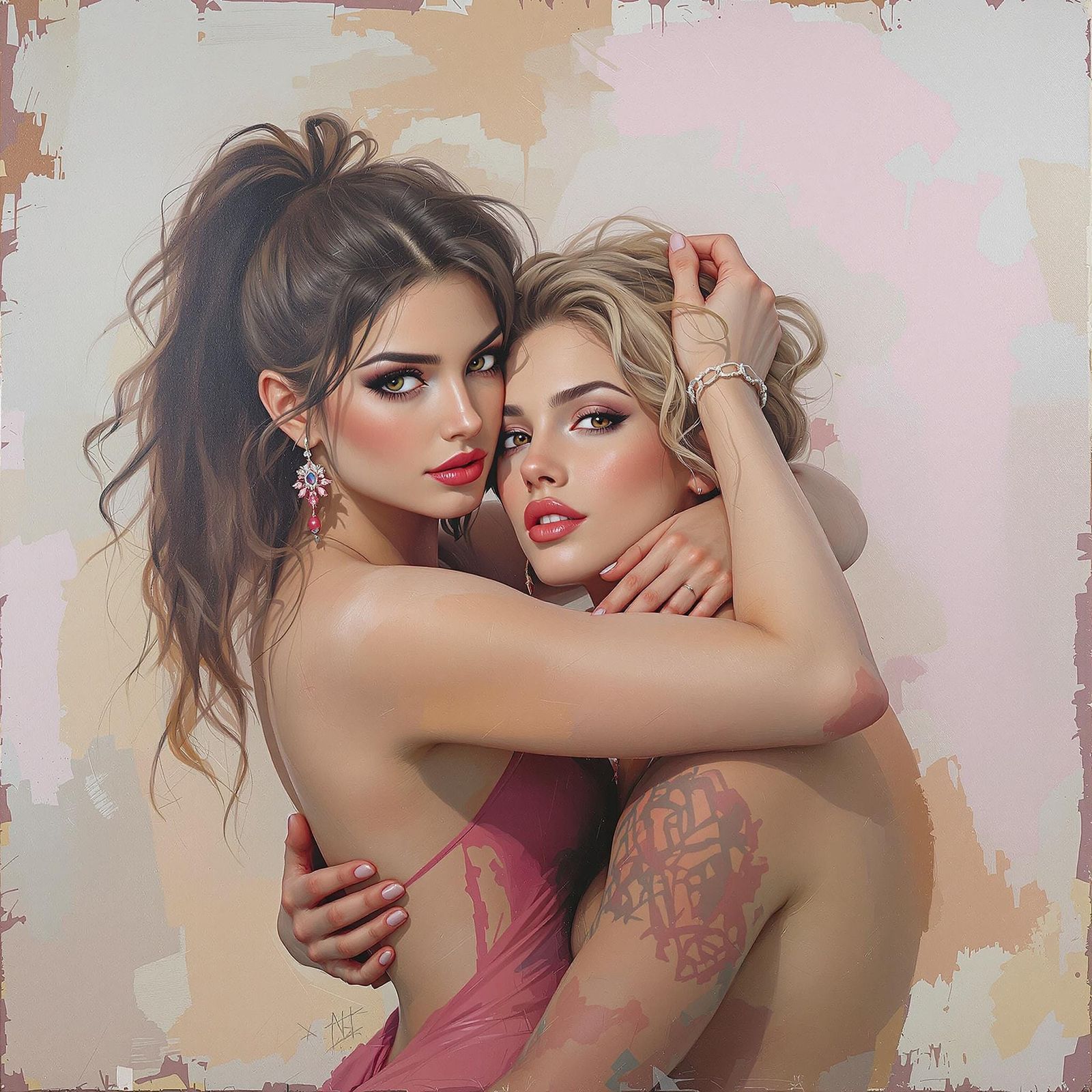 Sensual Oil Painting: Queer Couple's Intimate Embrace