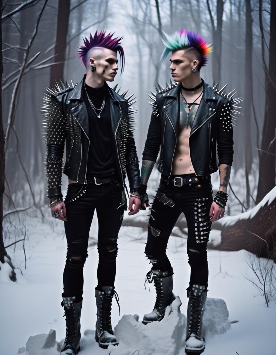 Gay Metalhead Romance in Snowy Forest at Night