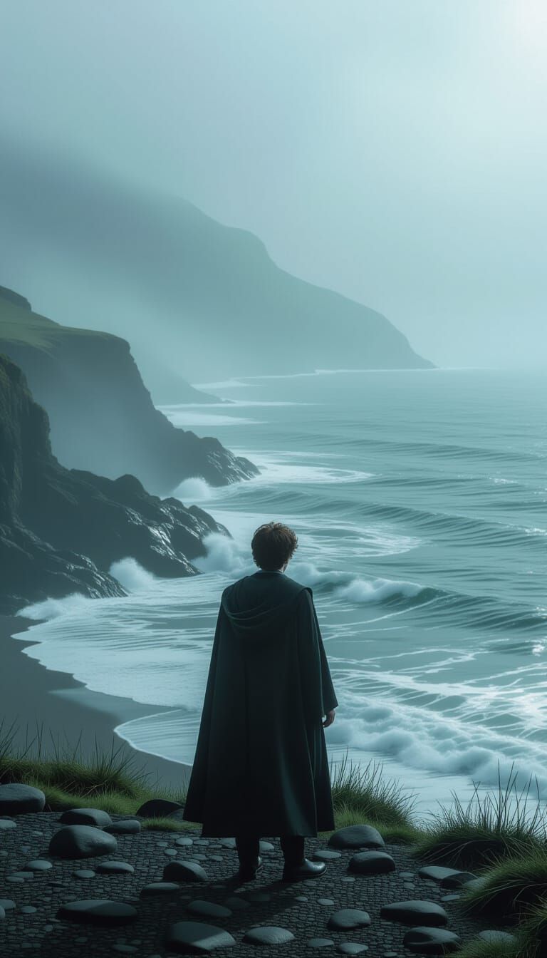 Harry Potter on Misty Shoreline in Ethereal Light