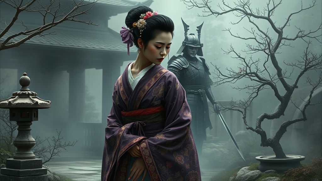 Mourning Geisha with Samurai Lover in Digital Painting Style