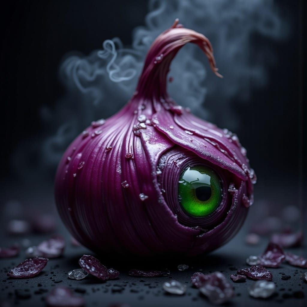 Eerie Red Onion with Striking Colors in Beksiński Style