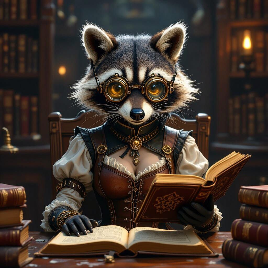Steampunk Raccoon Scholar Reads Ancient Book