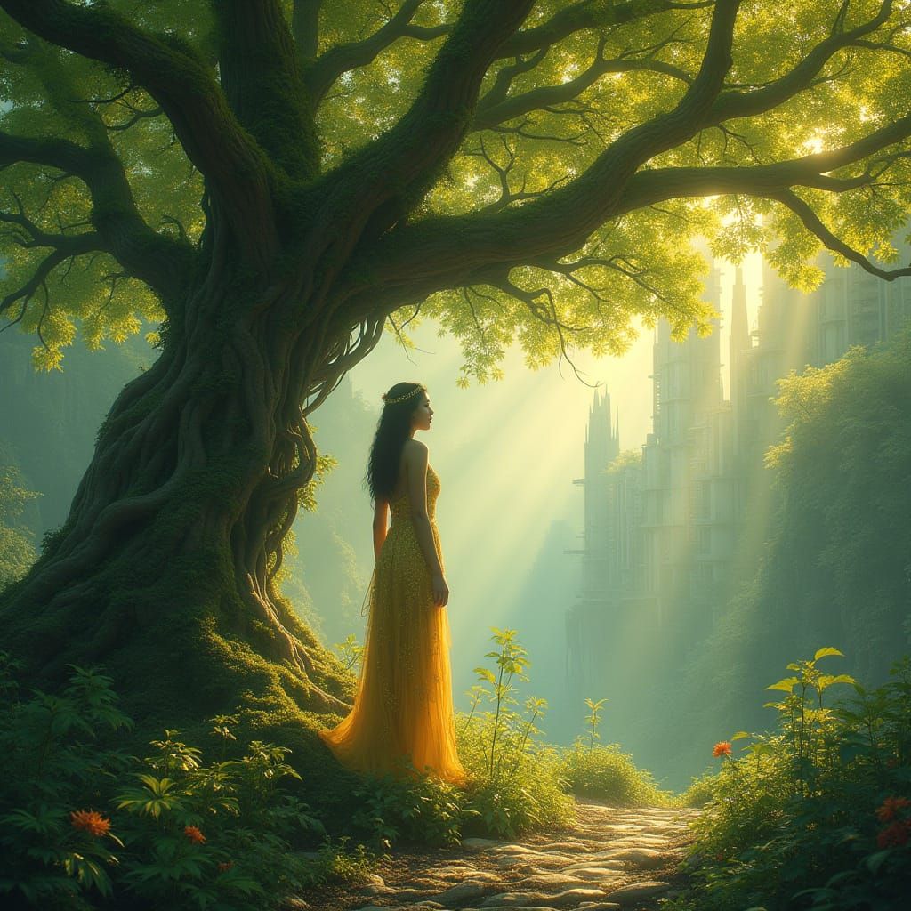 Glowing Girl Under Majestic Golden-Leafed Tree in Whimsical ...