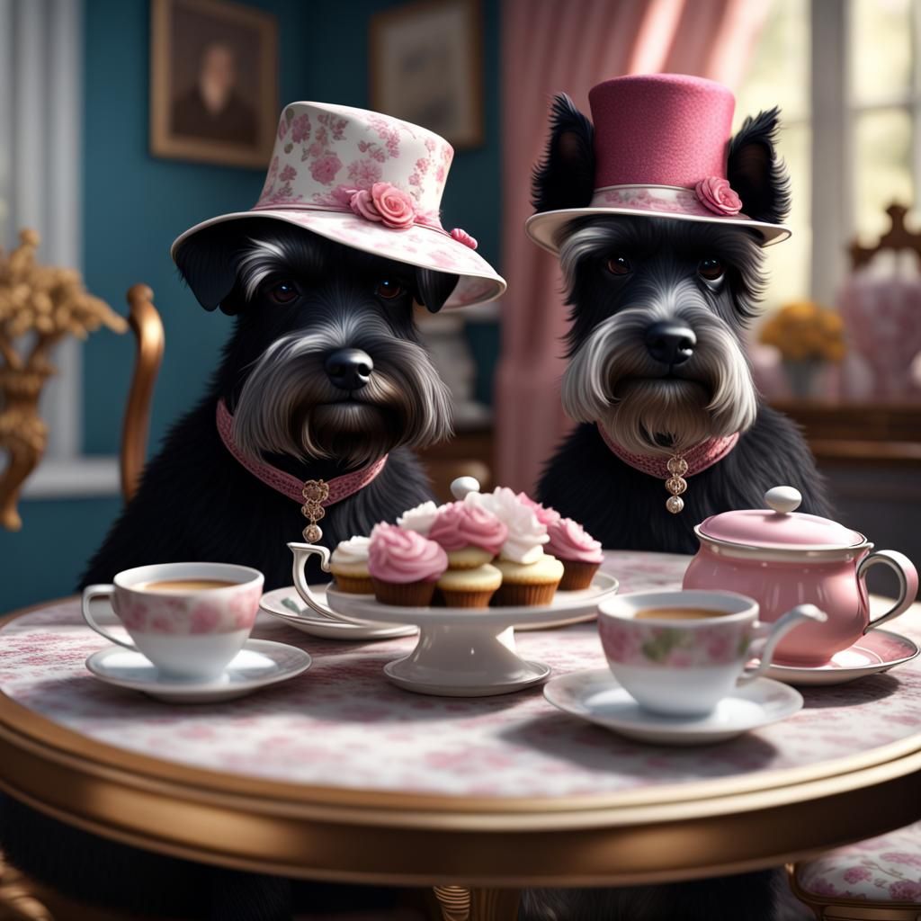 Miniature Schnauzers Tea Party in Hyper Realistic Style