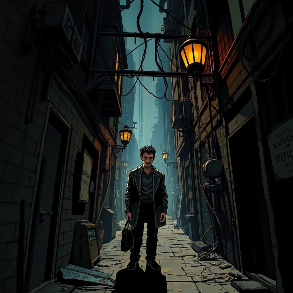Steampunk Man in Gritty Urban Alley