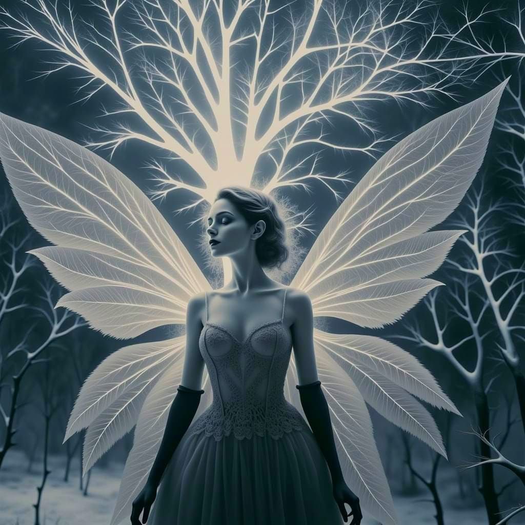 <lora:Winter PG 2:1.0> <lora:Winter Photogram 2:1.0> <lora:Frost:1.0> Infrared  photography, Portrait of a Snow fairy wo...