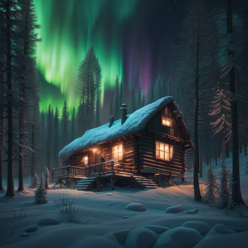 Cabin in the woods at night. Northern lights
