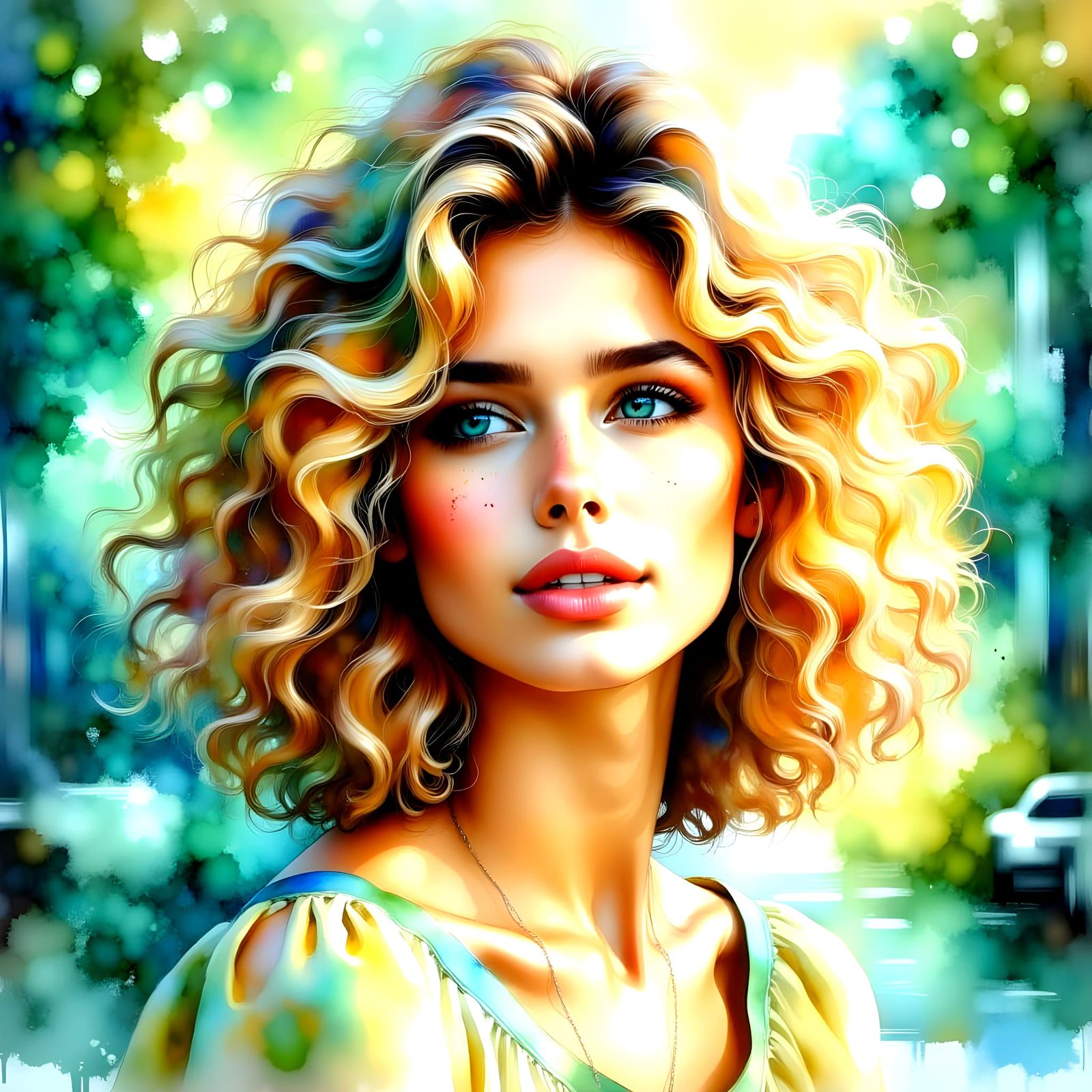 Ethereal Beauty with Bright Blue-Green Eyes and Soft Smile