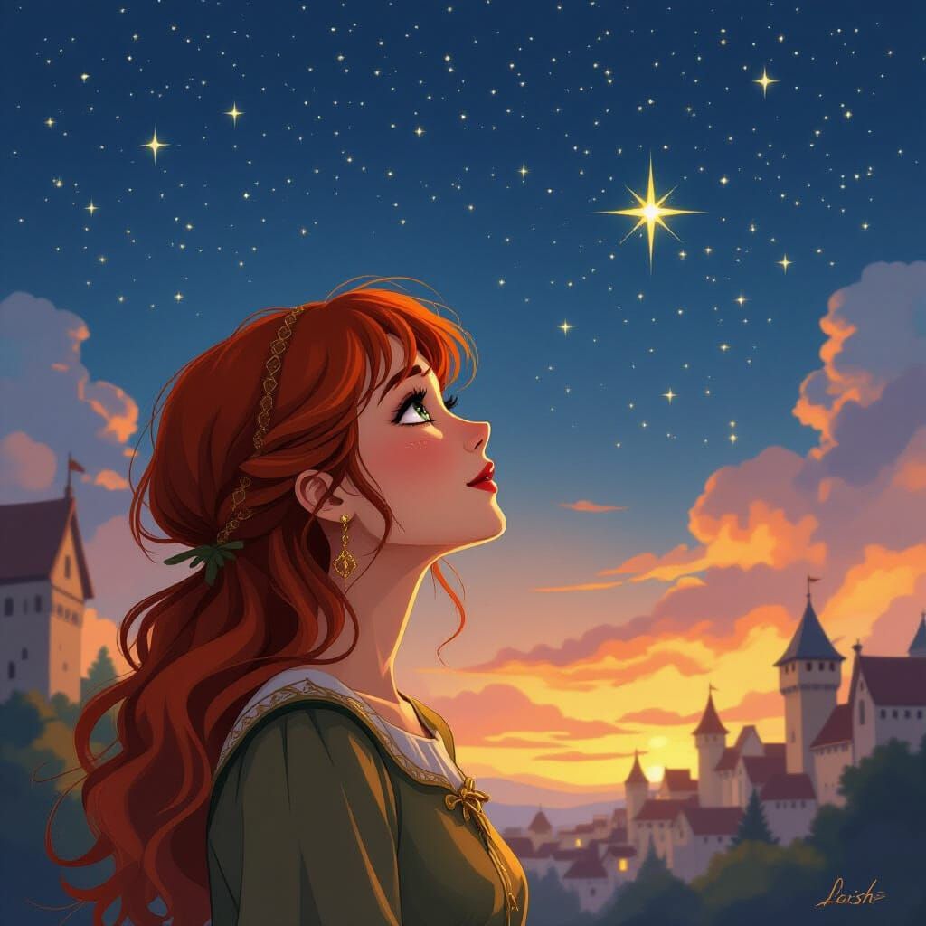 Medieval Woman with Red Hair Gazing at Stars
