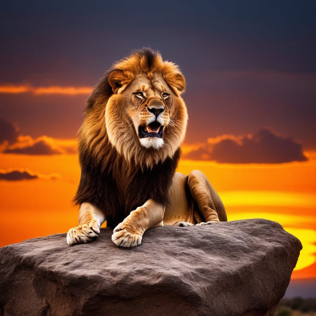 Lion Roars at African Sunset