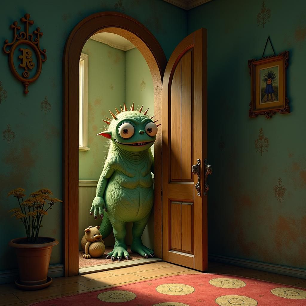 Cute Strange Creatures in Doorways: 3D Render