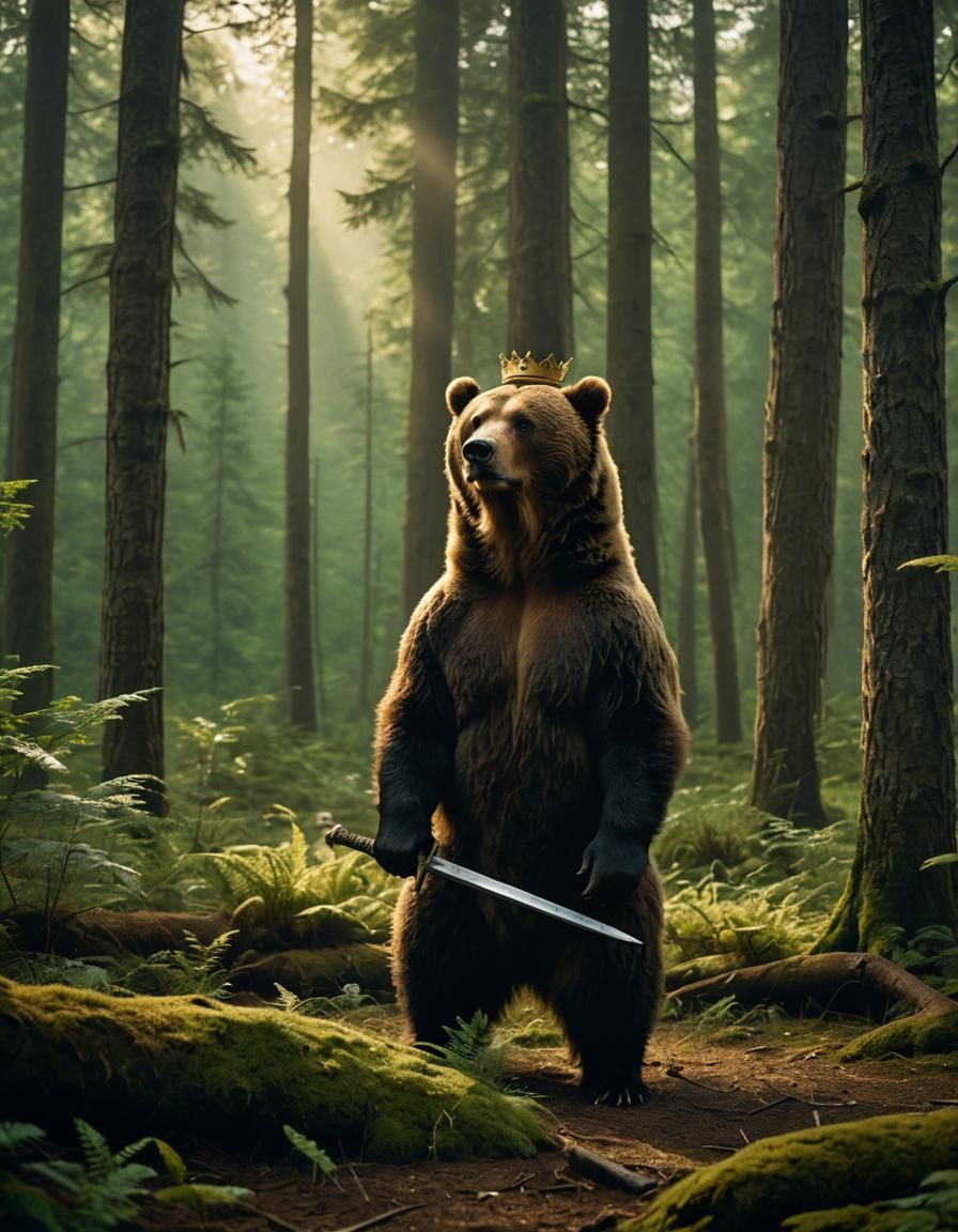 Regal Brown Bear King in Forest, Cinematic Style