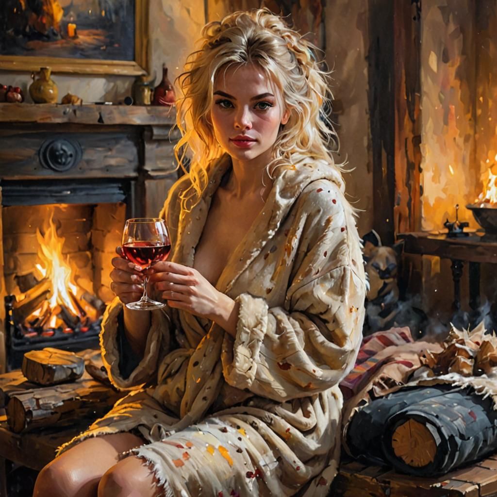 Cozy Night: Impressionist Woman by Fire