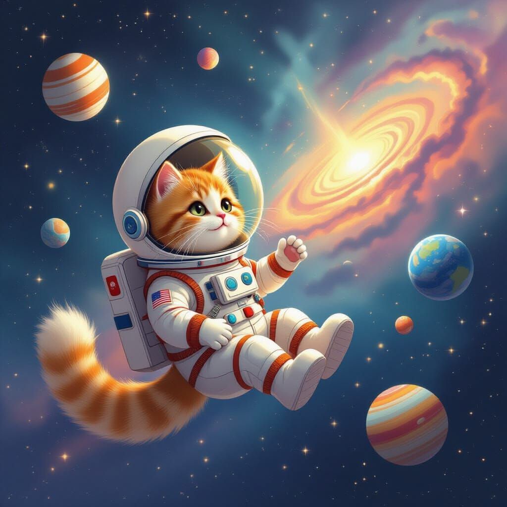 Fluffy Cat Astronaut in Cosmic Dreamscape