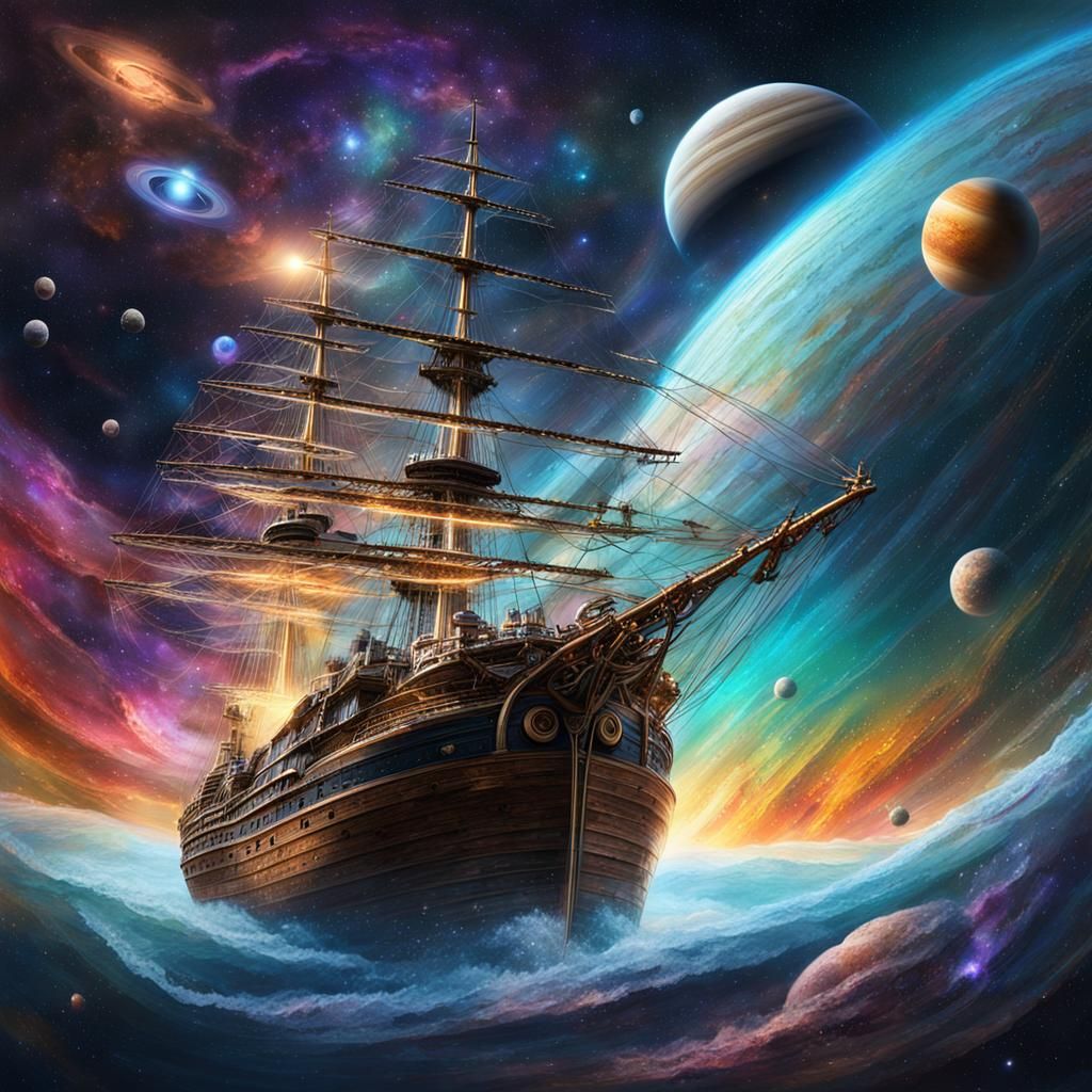 Cosmic Sailing Ship Amidst Nebulae and Comets