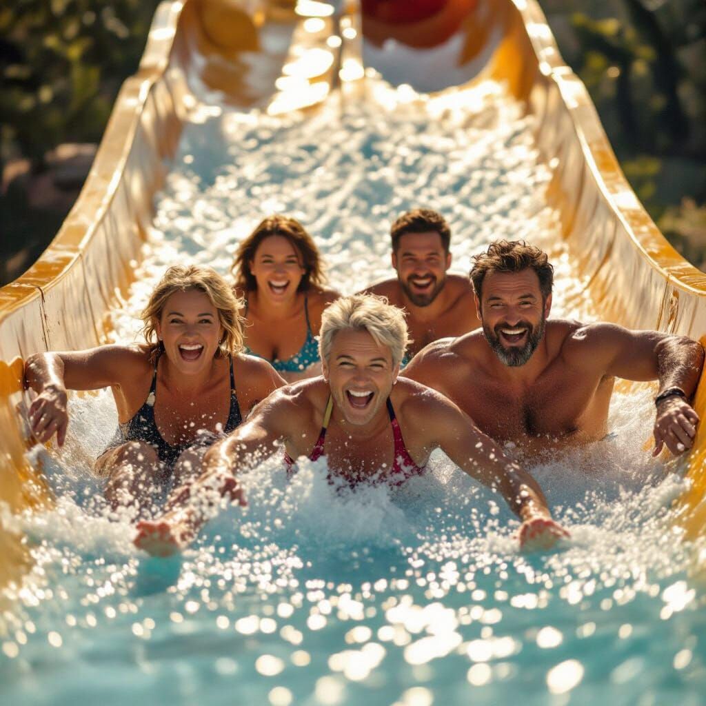 Joyful Adults Sliding Down Water Slide