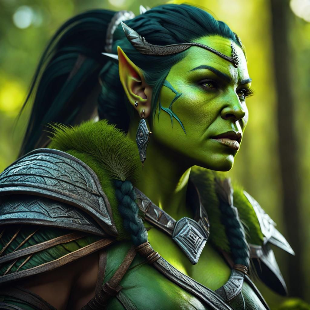 Fantasy Green Orc Raider in Forest, Detailed Art