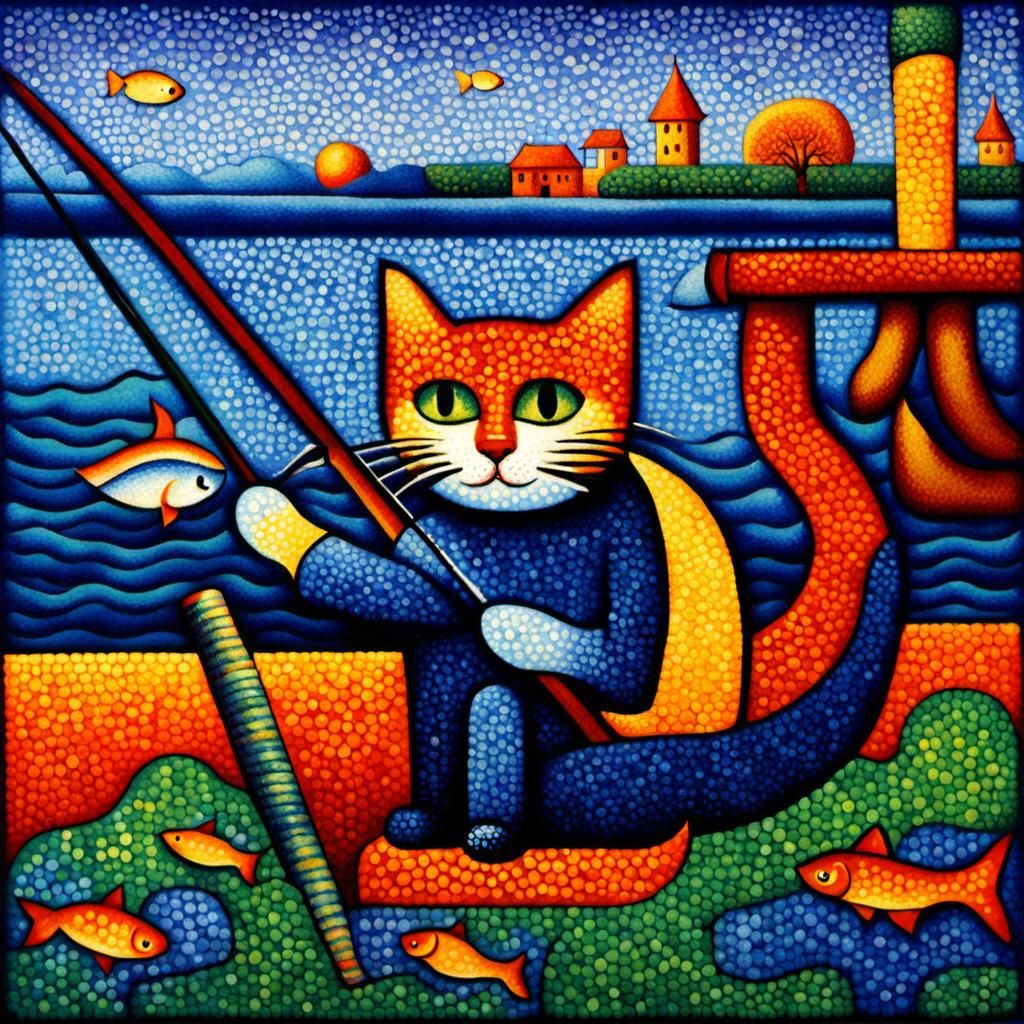 Cat Fishing: A Pointillist Painting
