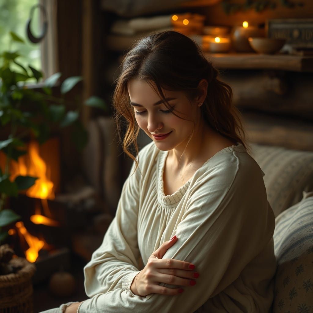 Serene Woman in Cozy Cabin, Inspired by Wyeth and Pre-Raphae...