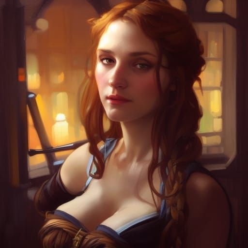 Attractive Barmaid Portrait in Cozy Tavern, Detailed Art