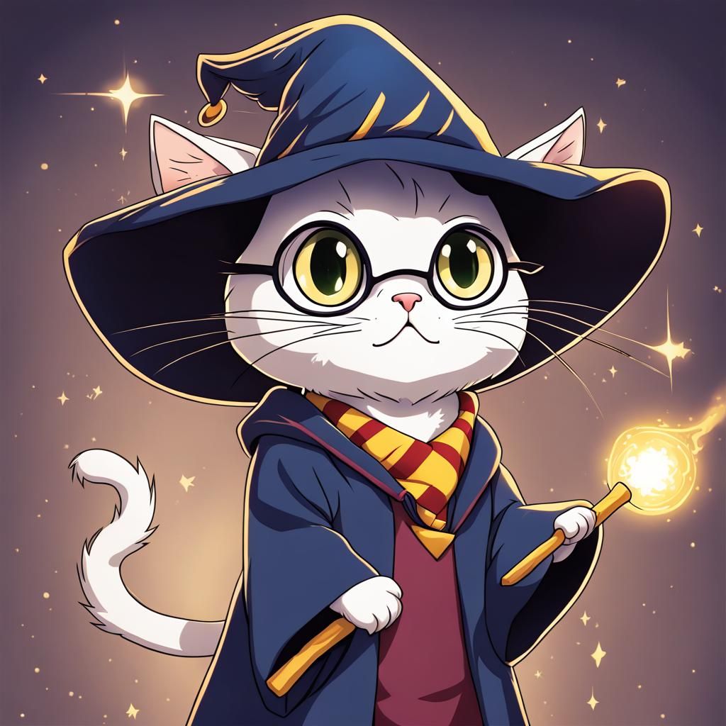 Wizard Cat Casting Magic Spell in Anime Style