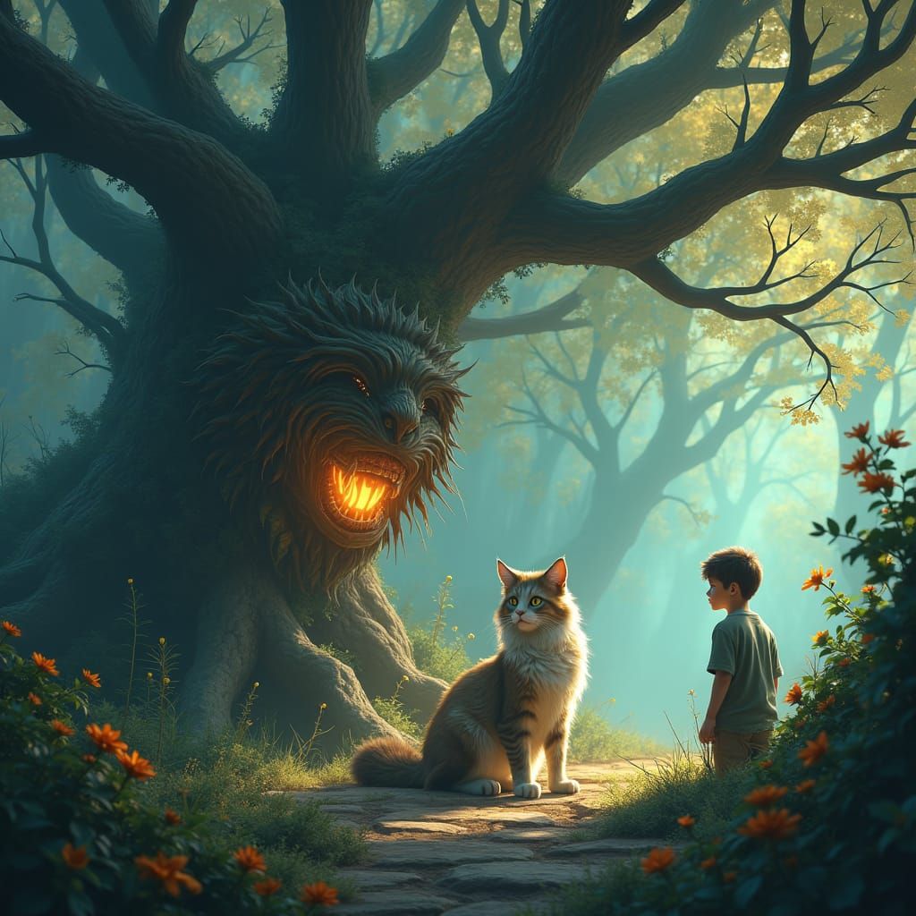 Boy and Majestic Cat in Mystical Landscape