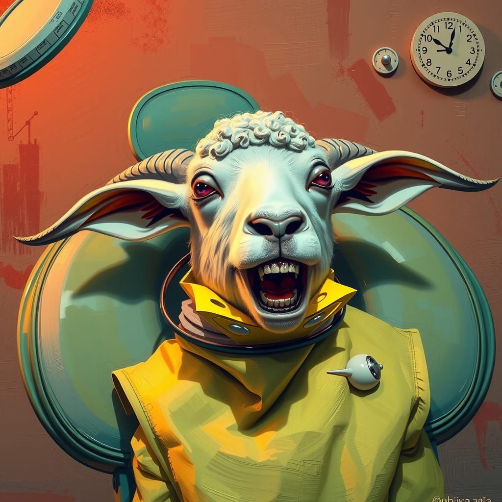 Sheep in Dentist Chair: Expressionist Clockpunk Art
