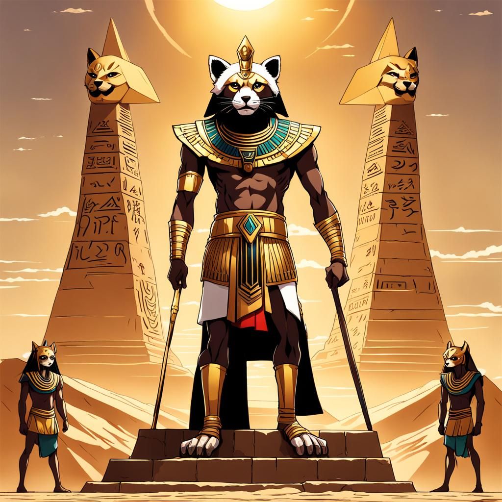 Red Panda Pharaoh on Pyramid in Anime Style