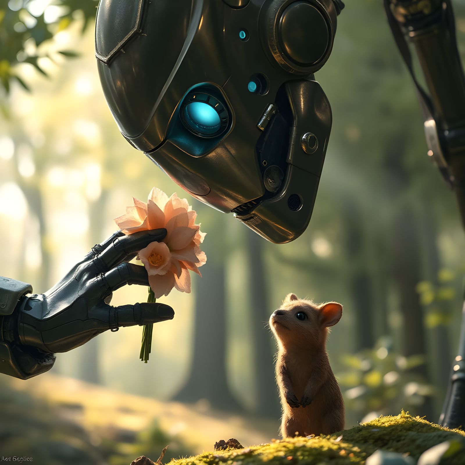 Gentle Robot Offers Glowing Flowers to Woodland Creature