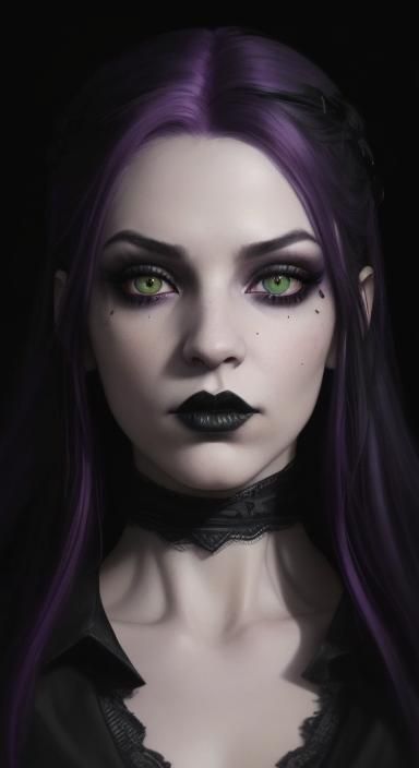 Gothic rebel with long vibrant purple hair& green eyes& blac...
