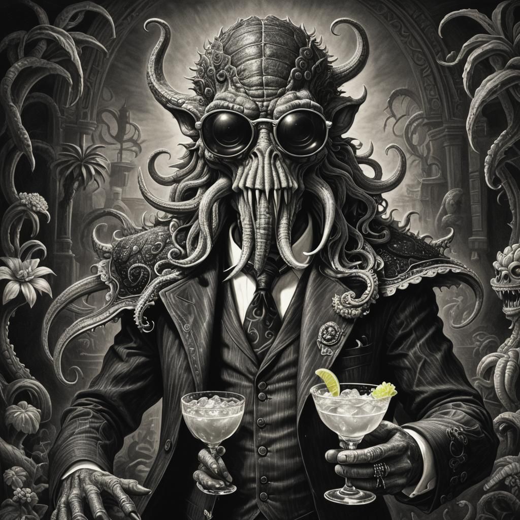 Cthulhu Monster Sipping Margarita: Charcoal Drawing