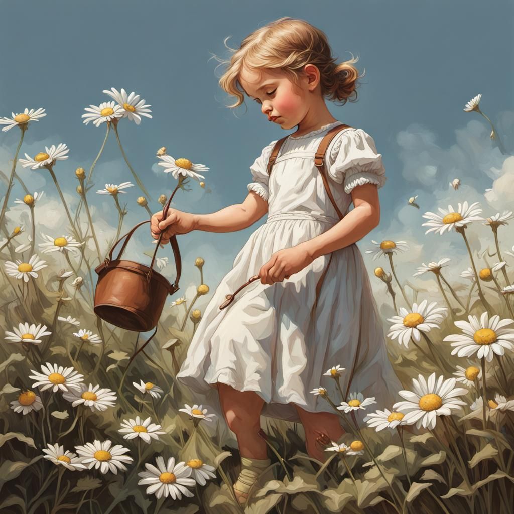 Child Picking Daisies in Old-Fashioned Style