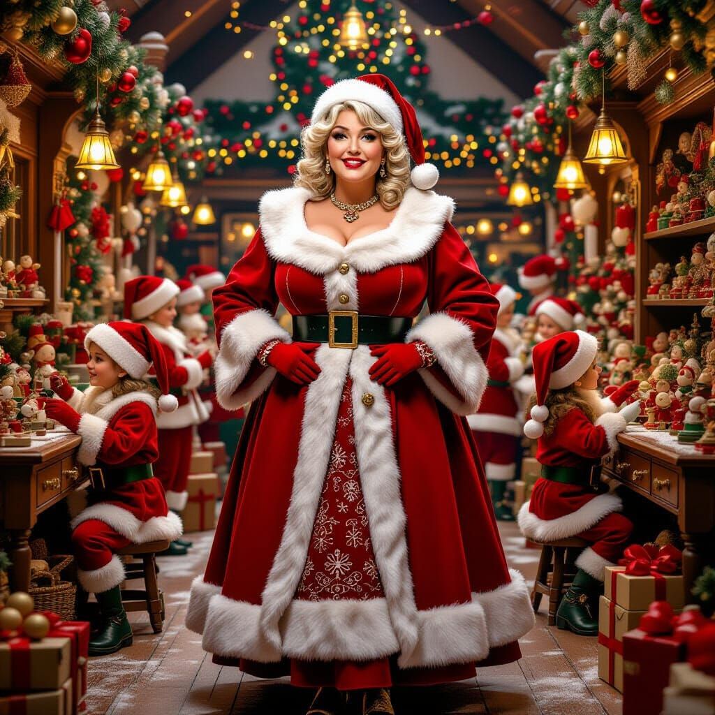 Mrs. Claus in Bustling Toy Shop, Hyperrealistic 8K