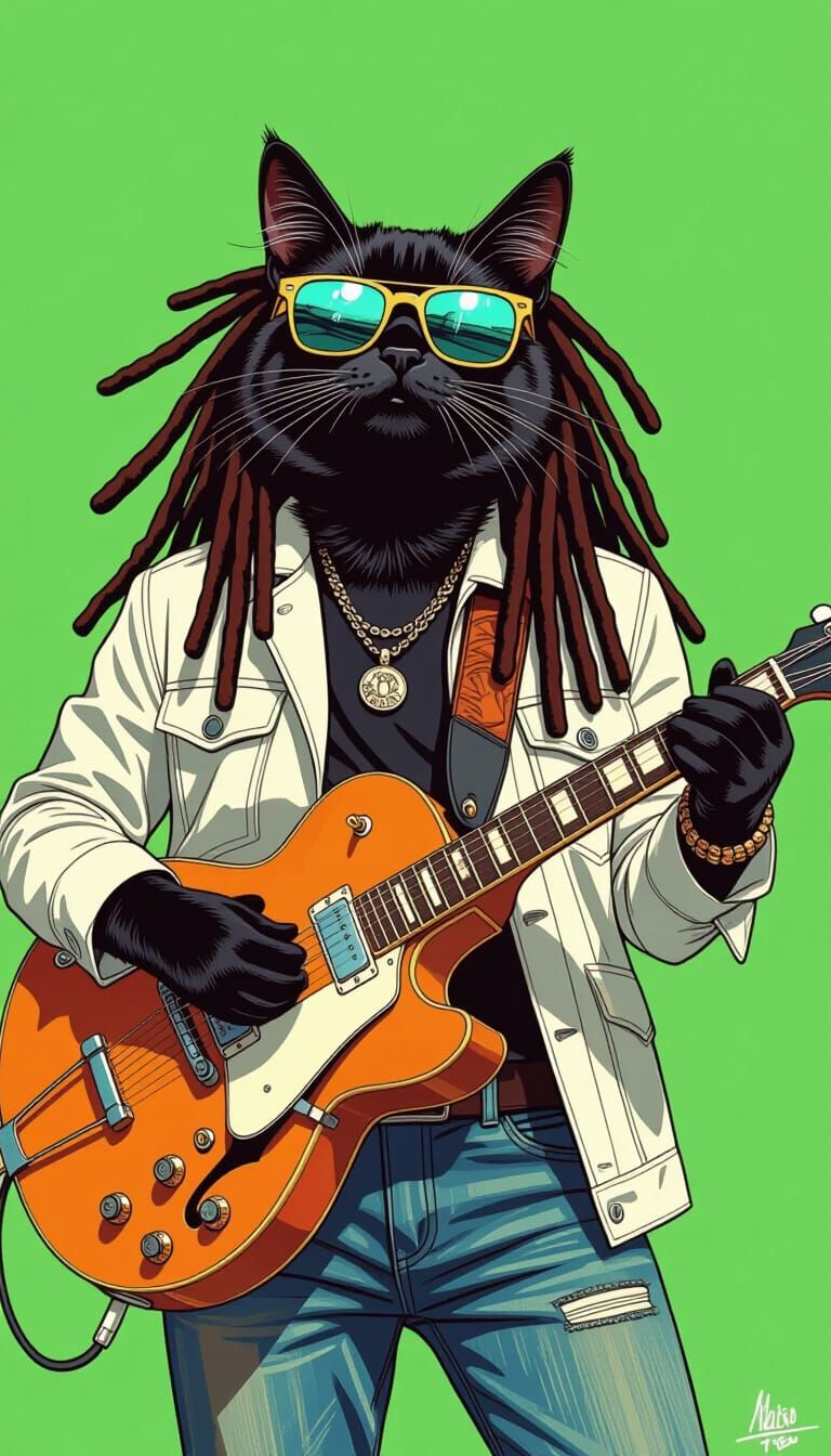Cat with Dreadlocks Playing Jazz Guitar