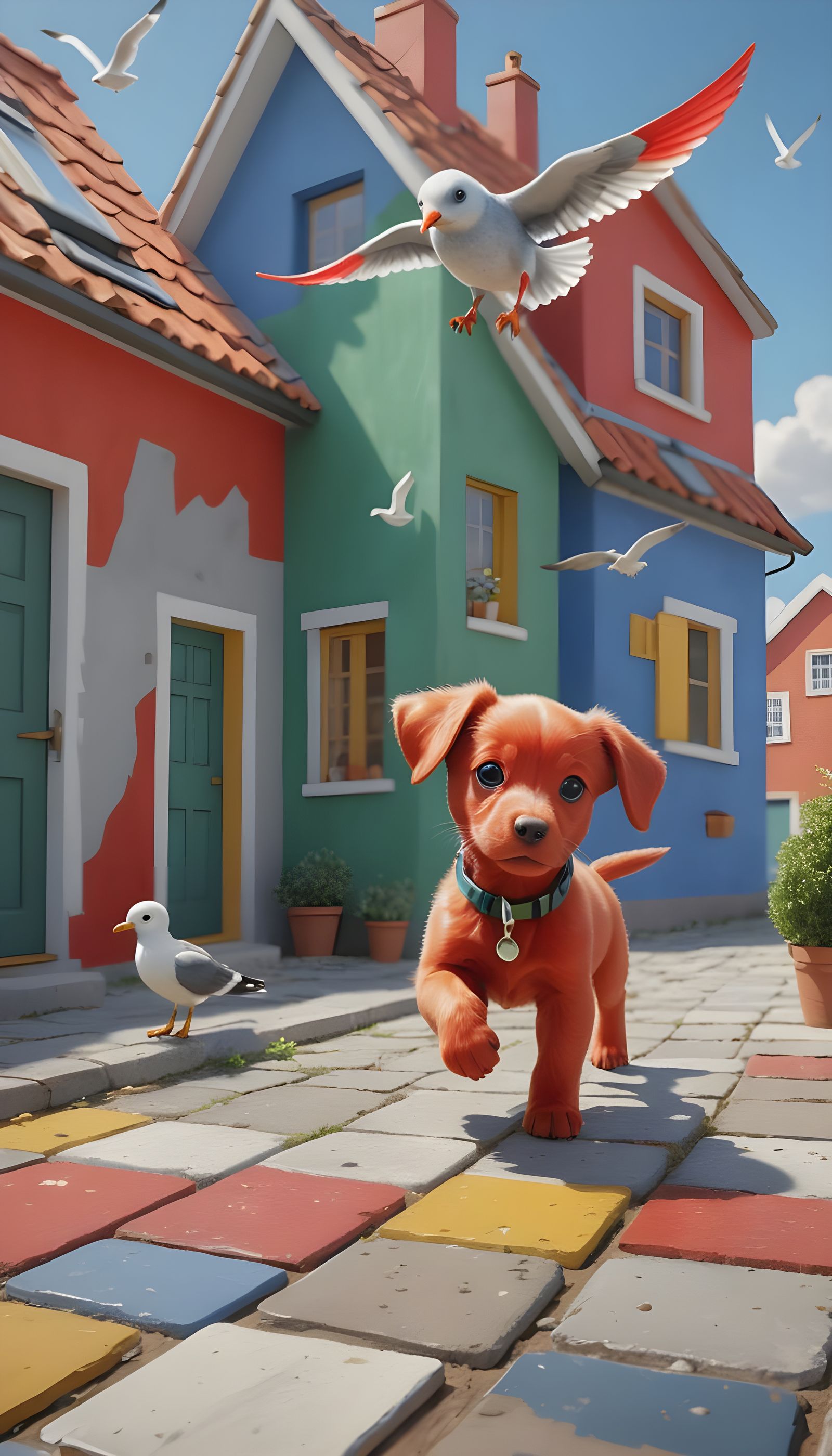 Puppy Attacked by Seagull in Delaunay Style