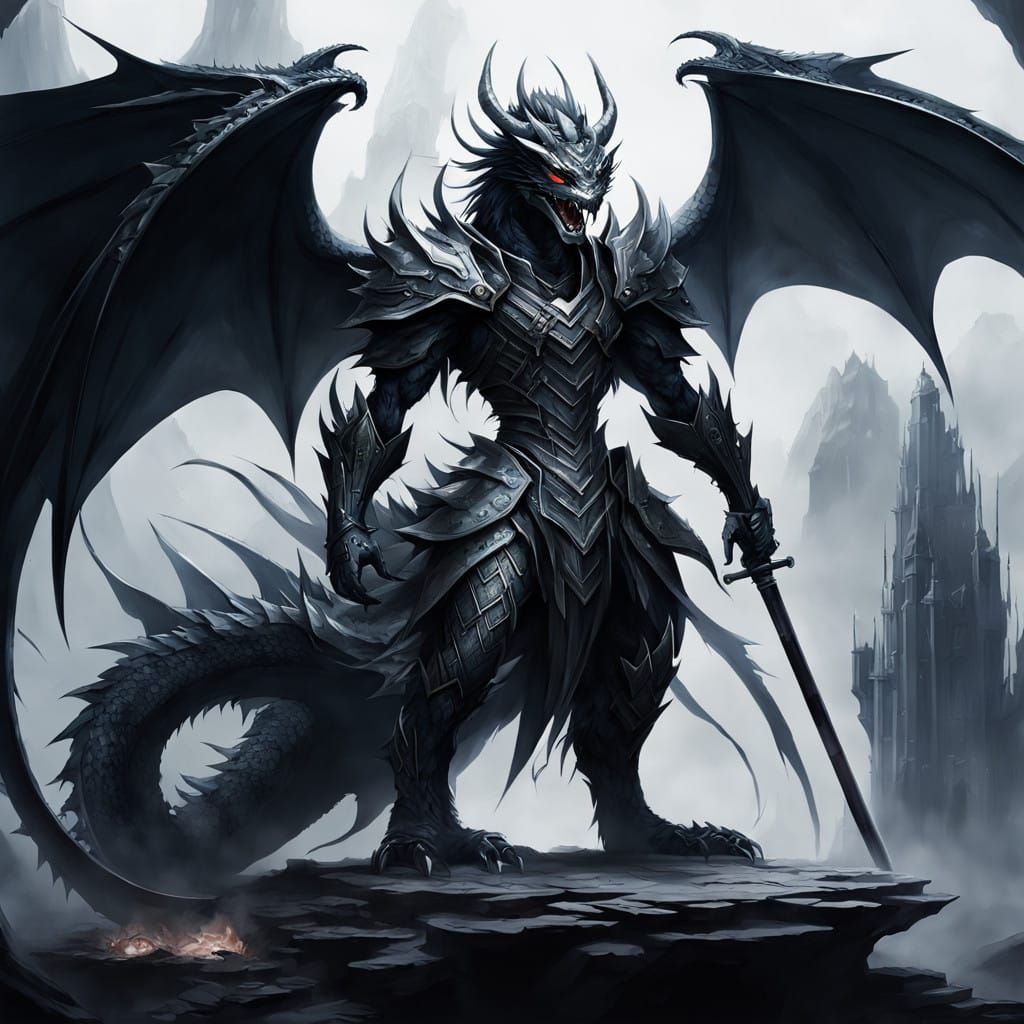 Majestic Black Dragon God Protects Serene Kitsune Wife