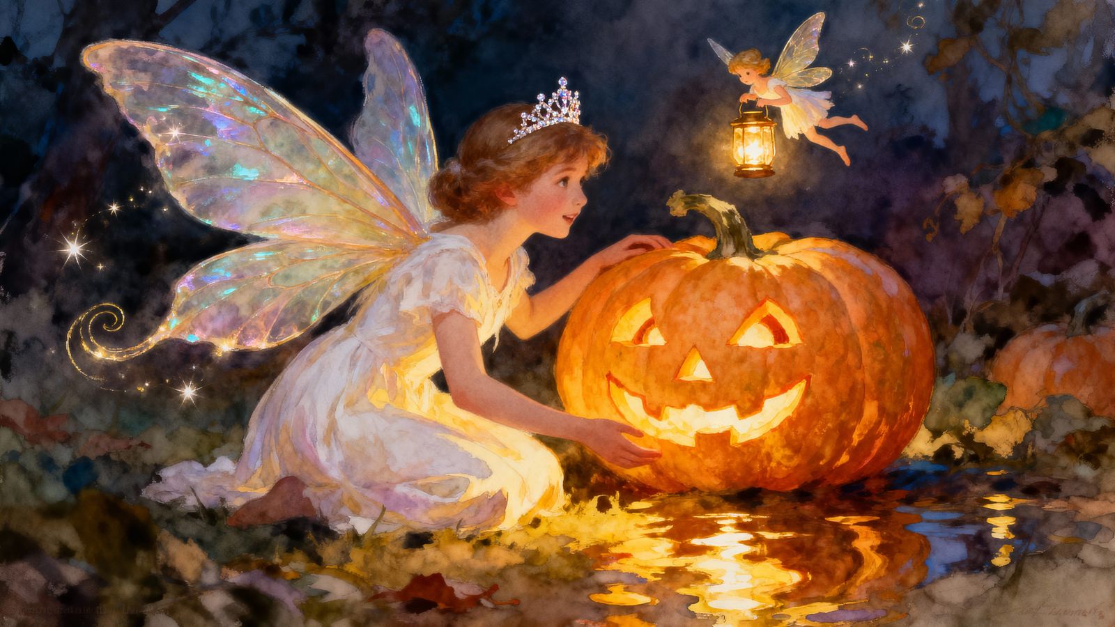 Whimsical Fairy and Glowing Jack-o'-Lantern in Watercolor