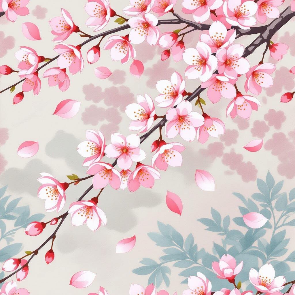 Pink Cherry Blossoms in Japanese Impressionist Style