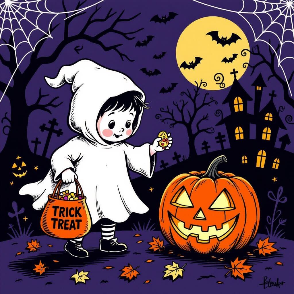 Whimsical Halloween Scene with Ghost and Jack-o'-lantern